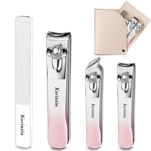 Korintin Nagelknipser Set 4 Stück, Edelstahl Nagelknipser mit Feile und Lederetui, Nail Clipper Set für Männer & Frauen, Maniküre & Pediküre Werkzeuge (Rosa)