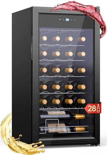 WIE Weinkühlschrank Compressor 82 Liter 28 Flaschen Getränkekühlschrank Kleiner Weinschrank Klein mit Glastür,Vollglas-Designtür mit LED Touchpanel,Anti-UV, Wine Fridge 5-18°C