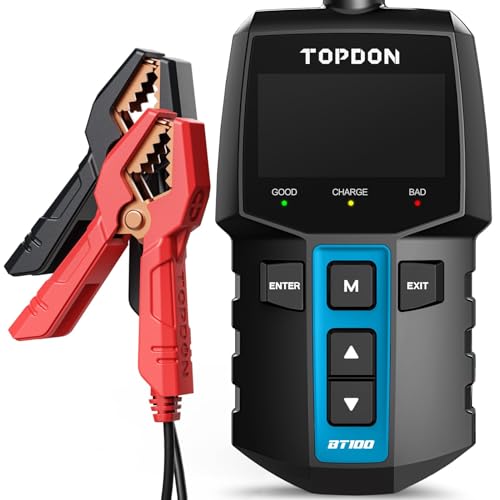 TOPDON Autobatterie Tester BT100, 12V BatterieTester KFZ mit 100-2000 CCA Batterietest Kurbeltest Ladesystem Test für Auto ATV SUV PKW-LKW Boot, Schwarz