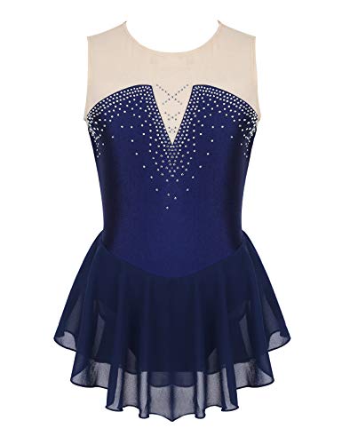 iEFiEL Mädchen Eiskunstlauf Kleid Glitzer Ballettkleid Ärmellos Ballettanzug Einfarbig Ballett Trikot mit Strass Wettbewerb Kostüm Tanzkleidung W Blau 170-176