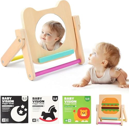 WOODEN TEETHER Baby Spiegel Spielzeug - Montessori Baby Spiegel mit 120 Seiten visuell anregender Karten, Hölzernes Bauchzeit-Spiegelspielzeug ,Montessori Spielzeug für Neugeborene 0 3 6 12 Monate