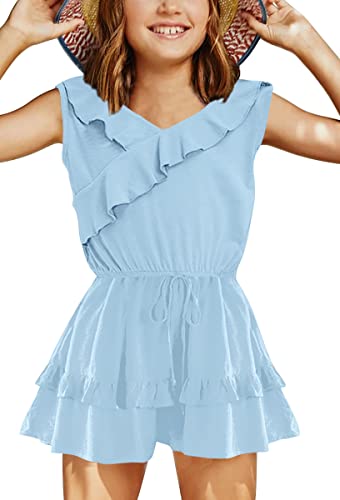 Haloumoning Jumpsuit Mädchen Rüschensaum Loose Fit Ärmellos Strampler Kinder Sommer Casual Shorts mit Taschen Overall,Blau,12-14 Jahre