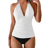 Generisch Tankini Oberteil Damen Einzeln Bademode Badeanzug Tank Top Neckholder Bauchweg Sport Oberteile Damen V-Ausschnitt Tankini-Top BH ohne Bügel Strandbekleidung Swimwear Beachwear Badeoberteil