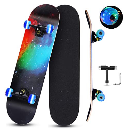 GIEMIT Standard-Skateboard, komplettes Skateboard für Anfänger, Kinder, Jugendliche und Erwachsene mit bunten LED-Leuchträdern, 7 Schichten Ahornholz, Skateboards mit All-in-1-Skate-T-Werkzeug