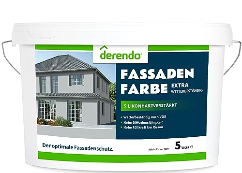 derendo Fassadenfarbe grau 5l mit EXTRA hohem Wetterschutz, matte silikonharzverstärkte Fassaden Farbe, hohe Deckkraft und gute Füllkraft bei kleinen Rissen (Elefantengrau 9-38)