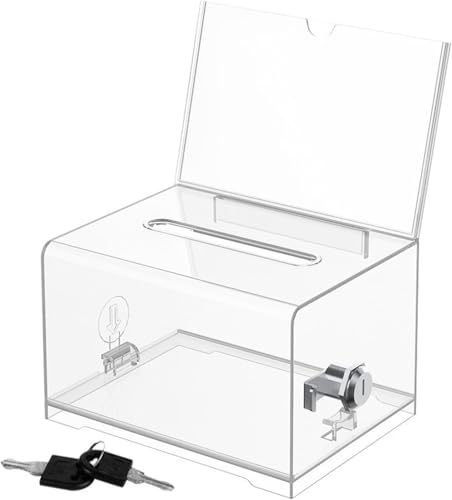 Acrylspendenbox, Spendenbox Abschließbar,spendenbox, Wahlurne Transparent mit Schlüssel Schloss, für Visitenkarten, Abstimmungen, Gewinnspiele, mit Aufkleber