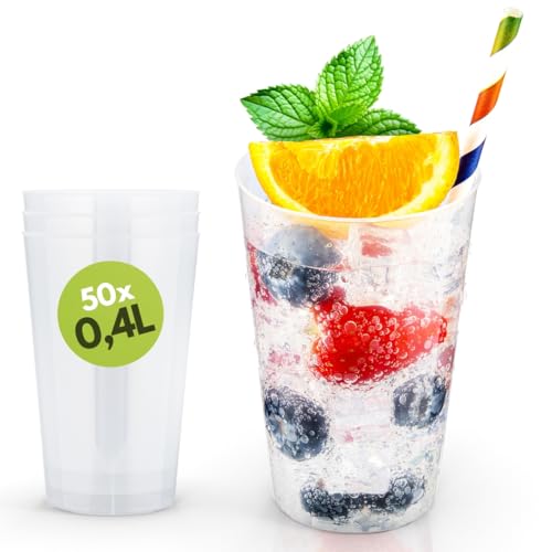 Trinklicht® 50 Mehrwegbecher | Wiederverwendbare Trinkbecher 0,4L | Bruchsicher | Spülmaschinenfest | Partybecher Plastikbecher Mehrweg | Kunststoff Becher in Transparent