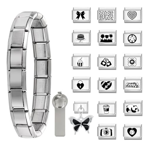 19PCS italian charm bracelet charms set,italian charms armband 9mm Abnehmbare Edelstahl Modul Armband mit Öffnungswerkzeugen,Geschenk für Herren Damen Jungen Mädchen