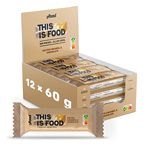 yfood Riegel Salted Caramel, Leckerer Proteinriegel für unterwegs, THIS IS FOOD, 14g Protein, 25 Vitamine und Mineralstoffe, 12 x 60g, Geschmack Schokolade und Karamelle