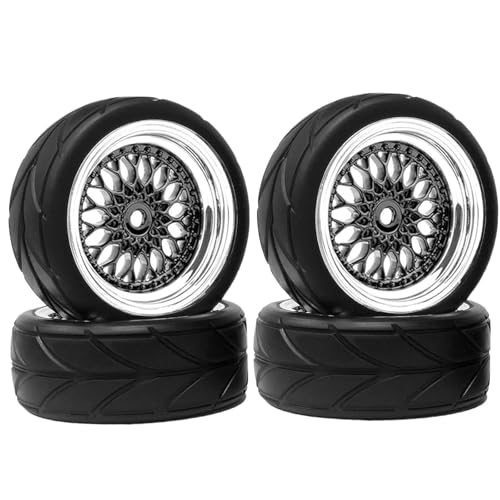 KINGCOO RC Autoreifen und Räder Set, 4Stück 64mm Gummireifen und Kunststoffbeschichtung Felge 12mm Sechskant für 1/10 RC On Road Touring Racing Drift Autoreife (Schwarz/Silber, Einpresstiefe 9MM)