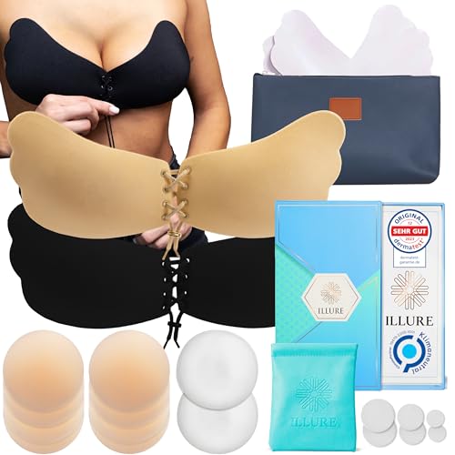 ILLURE® Nippelpads + Klebe BH Set | Damen Nipple Cover [4 Paar] und Selbstklebender Push-Up Klebe BH [C-Cup] | unsichtbar, wiederverwendbar & waschbar |rückenfrei & trägerlos | inkl. Make-Up Tasche