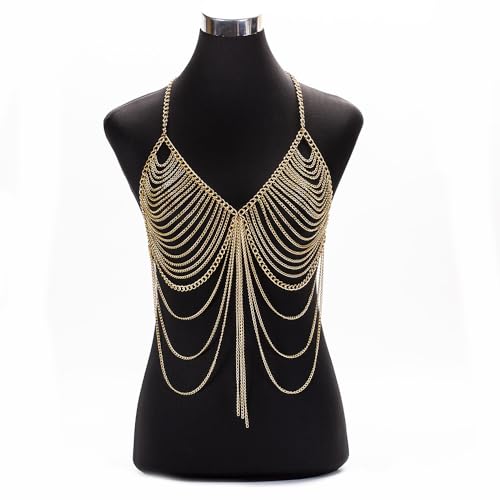 Körperkette Damen Lagen-BH Kette Sexy Brustkette Geschichtet Quaste Dessous Metallkette Ketten Truhe Bikini Body Chain Bauch Halskette Körper Schmuck für Frauen Nachtclub Party Strand (Gold)