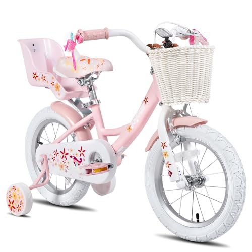 JOYSTAR Einhorn 14 Zoll Kinderfahrrad für 3 4 5 Jahre Mädchen mit Puppe Fahrradsitz Kinder Prinzessin Fahrrad mit Stützrädern Korb, Rosa