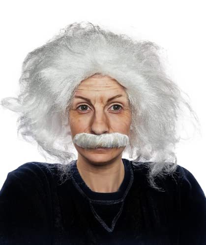 ALLAURA Perücke und Schnurrbart für alten Mann, weiße verrückte Wissenschaftlerin, Halloween-Kostüm, Cosplay-Perücke, Wissenschaftler-Kostüm, Physiker-Kostüm