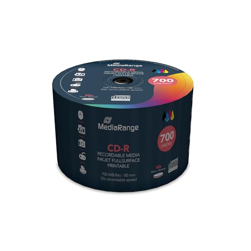 MediaRange CD-R 700MB|80min 52-fache Schreibgeschwindigkeit, vollflächig bedruckbar (Tintenstrahldrucker), 50er Cakebox