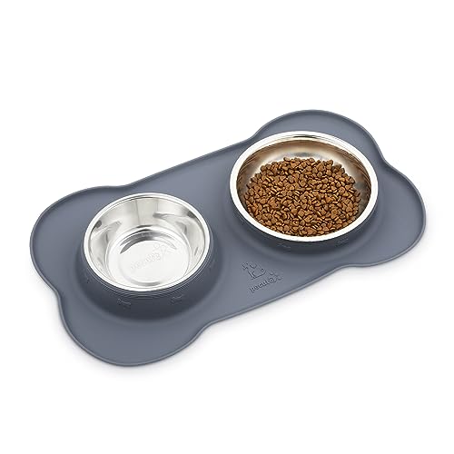 Pecute Futternapf Fressnapf hunde Katzen, Hundenapf Edelstahl Katzenapf mit Rutschfesten Silikon Tablett Matte,Schüssel Lebensmittel Wassernapf Grau M(2*400ml)