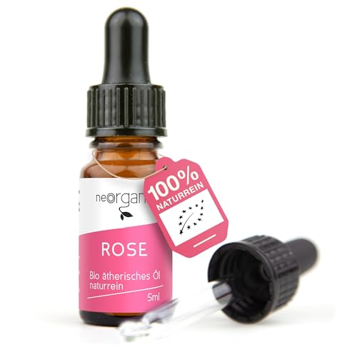 NeoOrganic® Bio Rosenöl (Rosa Damascena) - 5% naturreines ätherisches Öl der echten Rose in bio Weingeist - aus dem bulgarischen Rosental - Rosenduft für Gesicht - 5ml