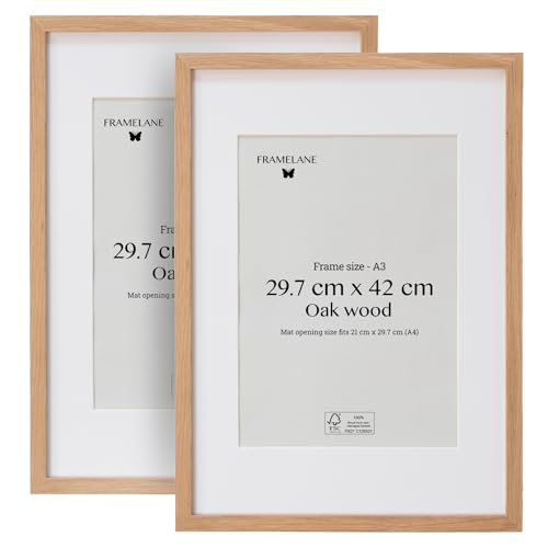 Framelane Set of 2 Bilderrahmen A3 Eiche - FSC-Zertifizierter Holzbilderrahmen mit Passepartout - Kratzfestes & Bruchsicheres Acrylglas - Premium Bilderrahmen Eiche für Hoch- und Querformat