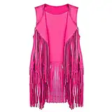 BrightGlow Damen Fransen Weste 70er Jahre ärmellose Weste Vintage Hippie Jacke Weste Lange Weste mit Quasten Fransen-Weste Cardigan Hippie Gilet Weste für Frauen Hippie Kostüm Rosa M