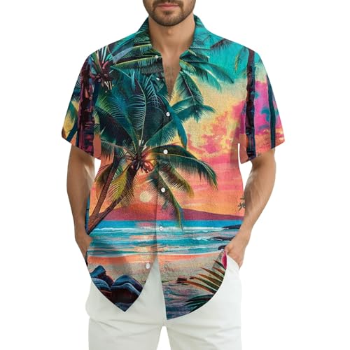 Generisch Hawaii Hemd Herren Kurzarm Hawaiihemden Männer Funky Blumen Knopfleiste Freizeithemden Sommerhemd Strandhemden Hippie Kostüm Männer