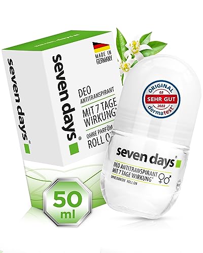 seven days Antitranspirant starkes Schwitzen, 50ml [Extrem zuverlässig] Frauen & Männer, Deo gegen starkes Schwitzen, Deo Schweißgeruch, Antiperspirant Roll On, Anti Schweiß Deo