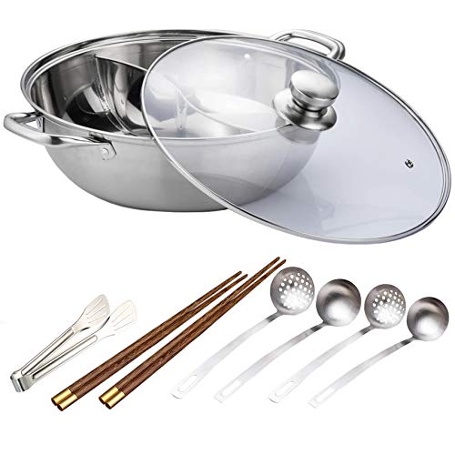 Edelstahl Shabu Shabu Mongolischer Hot Pot mit Trennwand + 10 Paar Essstäbchen, 3 Lebensmittelzangen + 2 Paar Schaufeln Sieb