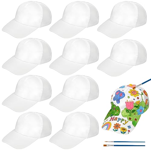 Landifor 10 Stück Graffiti Kappe Bastelset Kinder Kappen zum Bemalen Baseball Caps DIY Baseballcap Sport Baseballmütze Sommer Sonnenhut Weiß Baseballkappe für Geschenkideen Jungen Mädchen