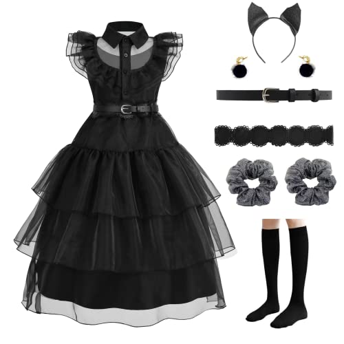 CANBERRIES Halloween Mittwoch Kostüm Mädchen Peter Pan Kragen Midikleid Schwarz Cosplay Kleid Mittwoch Familie Kleid Hexenkostüm verkleiden(120, Schwarz) (Schwarz, 120)