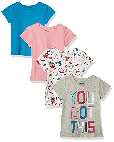 Amazon Essentials Mädchen Kurzärmlige T-Shirt-Oberteile (zuvor Spotted Zebra), 4er-Pack, Blau/Grau/Rosa/Bonbon, 9 Jahre