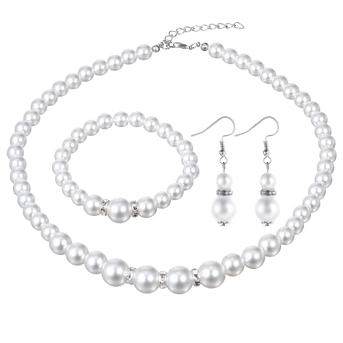 Lnngub 3 Stück Kunstperlen Schmuckset, Nachahmung Perlen Halskette Armband Ohrringe Set Damen Schmuck Geschenk Set für Geburtstage, Jubiläen, Valentinstag, Muttertag, Verlobung, Hochzeit (Weiß)