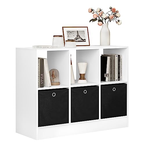 WOLTU Bücherregal mit 3 Schubladen aus Vliesstoff, Standregal mit 6 Fächern, Würfelregal für Schlafzimmer Wohnzimmer Arbeitszimmer Büro, Weiß, 80x60x30 cm, SK033ws