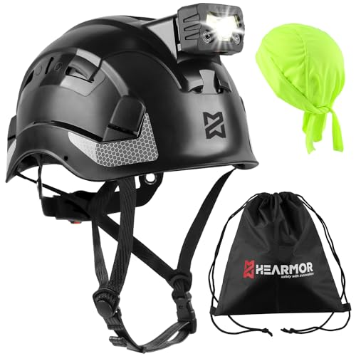 HEARMOR Höhenarbeiten Industriehelm Erwachsene Bauhelm LED-Kopflampe inklusive ABS Schutzhelm Zertifizierung EN12492 Bestanden EN397 Stoßdämpfung und Eindringfestigkeit Test