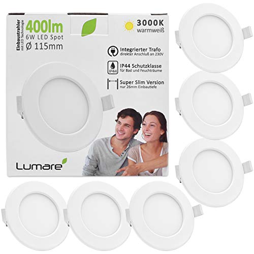 Lumare LED Einbaustrahler 6W | IP44 Spritzwasser geschützt| Ultra flach mit 26mm Einbautiefe | Spot für Wohnzimmer, Badezimmer | Einbauleuchten Weiß Rund | Decken Spot Warmweiß 3000K| 6er Set