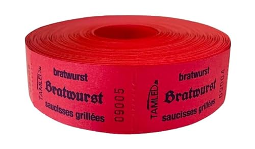TAMLED Bonrolle BRATWURST rot dreisprachig 1 Rolle mit 1000 perforierten Abrissen fortlaufend nummeriert Gastromarke Festival Getränke Verpflegung Event Firmenveranstaltung Volksfest Verein Wertmarke