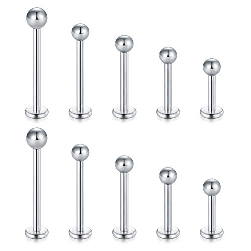 Longita 5 Paar(10 Stück) 16G Chirurgenstahl Lippenpiercing Labret Monroe Ring Tragus Helix Piercings Ohrringe Stud Schmuck 6-14mm-Silber