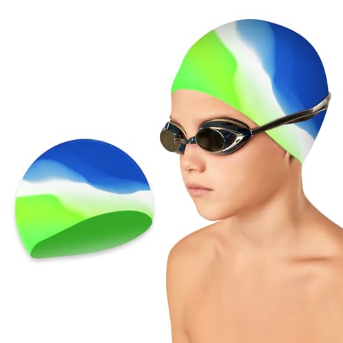 Kinder Badekappe Silikon,Bequeme Schwimmkappe,Premium Badehaube für Kinder,Jungen und Mädchen,Schwimmhaube UV Schutz,Bademütze Unisex,Perfekte Passform für langes und kurzes Haar (Blau+Grün)