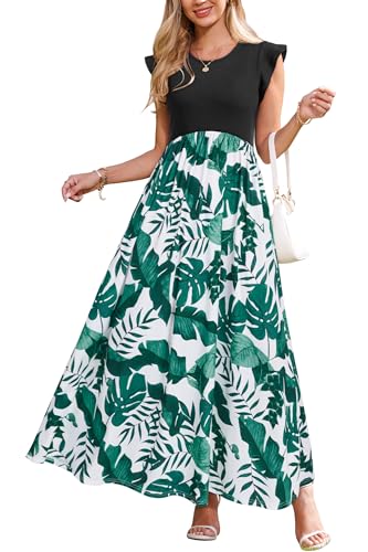 OUGES Damen Sommer Lang Maxikleid Elegant Freizeitkleid Ärmellos Kleider mit Taschen(Floral G,S)