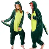 Erwachsene Dinosaurier Onesie Kostüm Einteiler Schlafanzug Jumpsuit- Tier Pyjama Dino Schlafoverall Plüsch Sleepwear Overall für Damen Herren Cosplay Verkleidung Karneval Halloween Fasching Kostüm