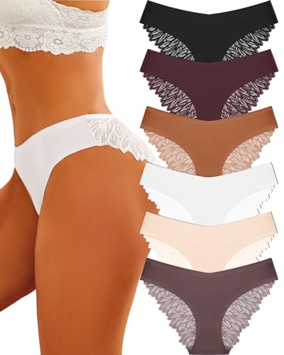 FINETOO Seamless Slips Damen Nahtlose Unterwäsche Spitzen Hipster Frauen Sexy V Waisted Unterhosen Angenehme Panties Passform 6er Pack S-XL