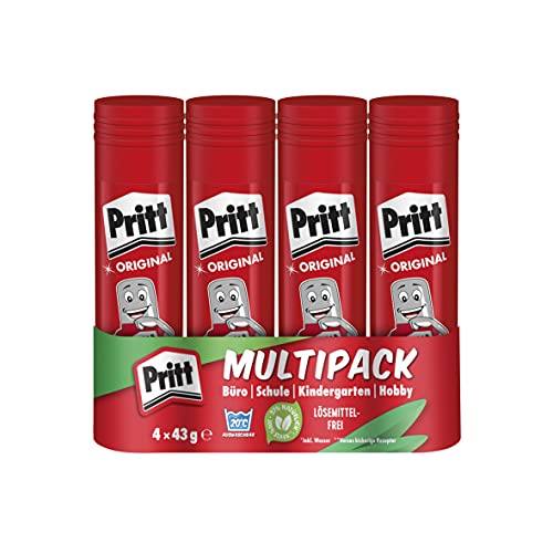 Pritt Klebestift, sicherer und kinderfreundlicher Kleber für Kunst und Bastelarbeiten, starker Klebstoff für Schule & Bürobedarf, 4x43g Pritt Stift