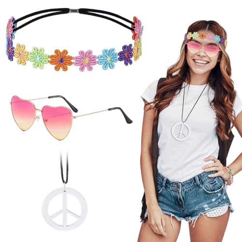 Hippie Accessoires, Hippie Brille + Peace Kette + Blumenkranz Haare Hippie, Hippie Zubehör, Hippie Kostüm für 60er 70er Jahre Mottoparty Fasching Karneval Halloween A34