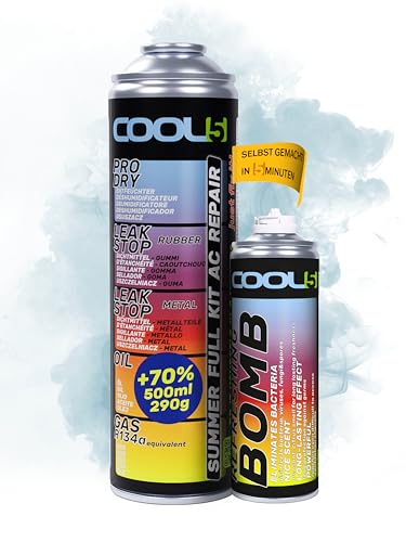 COOL5 5in1 - kältemittel r134a nachfüllset, r134a kältemittel mit Öl, für Klimaanlagenbefüllung für PKW 1995-2016 + Refresher Bombe + Universalreiniger 500ml
