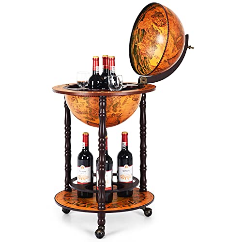 COSTWAY Globusbar Weltkugel, Barwagen Retro, Globus Bar auf Rollen, 2 Ebenen Hausbar, Servierwagen Holz, Weinständer, Weinregal für Wein, Spirituosen, Getränke