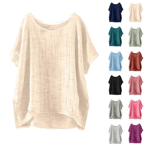 Day Prime Sommer locker Oversized Leinenbluse Kurzarm Vintage Leichte Bluse Basic Rundhals Damen T-Shirt Lässiges Bequemes Modisch Licht Hemdbluse Lässiges Atmungsaktive Elegante Blusenshirt