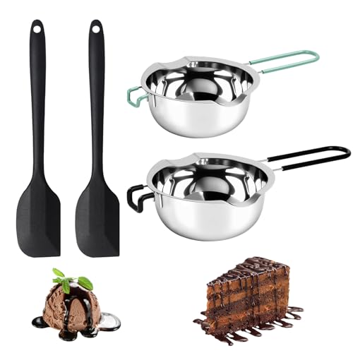 ZEPPHI Wasserbad Schmelzschale, Schmelztopf 480ml & 600ml, Schokoladen Schmelztiegel Edelstahl 304, mit Silikon Spatel für Schokolade Zucker Butter Käse Karamell Kerz, 2 Stück