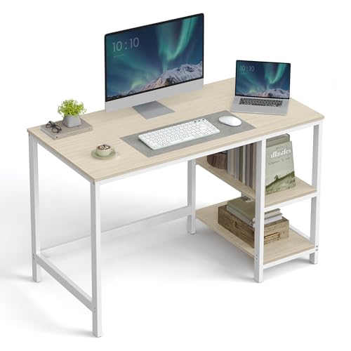 VASAGLE Schreibtisch, Computertisch, PC-Tisch, Bürotisch, mit 2 Ablagen auf der rechten oder linken Seite, fürs Büro, Wohnzimmer, Stahlgestell, modern, naturbeige-perlweiß LWD047N02