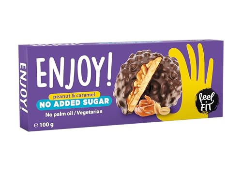 Feel FIT Enjoy! Peanut & Caramel Kekse mit Karamellcreme und Erdnüssen in Milchschokolade, ohne Zuckerzusatz und ohne Palmöl 100 g