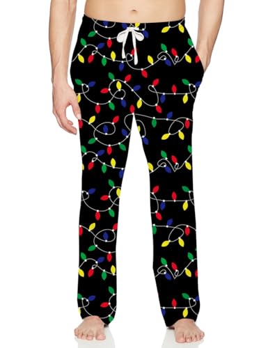 TUONROAD Herren Schlafanzughose Lang Pyjamahose Männer Weihnachten Farbige Lichter Muster Nachtwäsche Hose Baumwolle Freizeithose mit Taschen Schwarz L