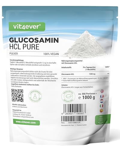 Glucosamin HCL Pure - 1000 g (1 kg) reines Pulver ohne Zusätze - Aus pflanzlicher Fermentation - Laborgeprüft - Vegan - Hochdosiert - Premium Qualität