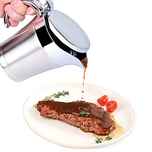 GIRAFEDA Sauciere Edelstahl Soßenkanne Thermo Milchkännchen mit Deckel Sauce Kanne Silber Servierkanne 500ml Isoliert Sauciere mit Griff Soßenkanne für Soße Sahne Sauce Senf Mayonnaise